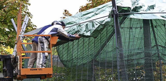 Arbeiter sichern eine Voliere im Luisenpark mit einer Plane.   | Foto: DPA