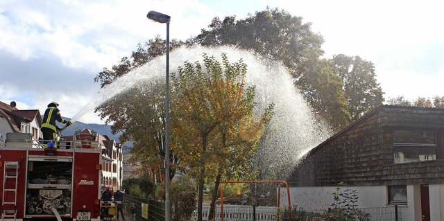 Fontne von oben: Ein krftiger Wasserstrahl aus dem Lschwagen.  | Foto: Regina Lorenz