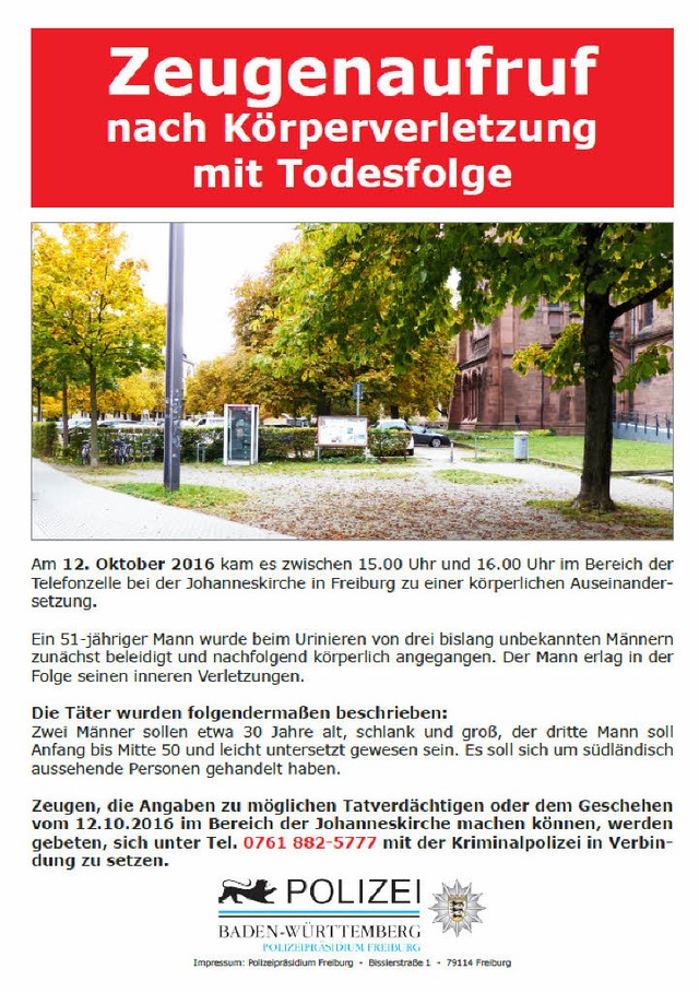Mit diesem Flugblatt sucht die Polizei...ch Zeugen des Vorfalls am 12. Oktober.  | Foto: Polizei Freiburg