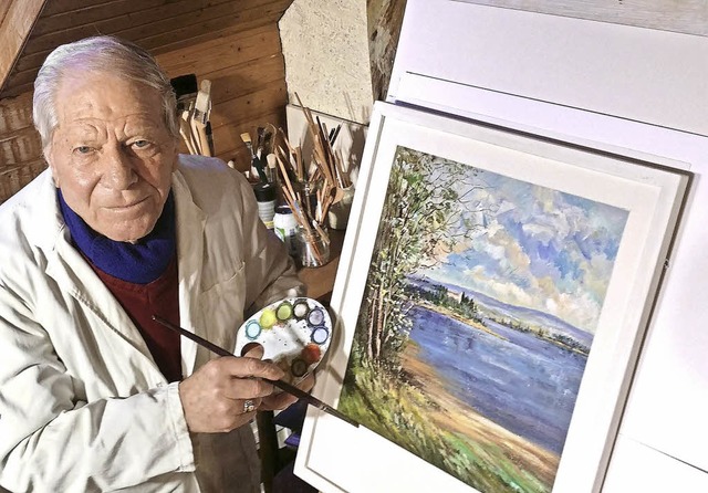 Helmuth Sabrowski in seinem Atelier un...das er vor einigen Jahren gemalt hat.   | Foto: Gnter Vollmer