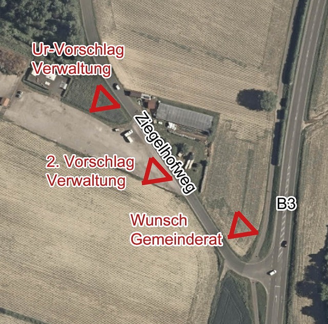 Standortdiskussion um die dreieckige Werbetafel (rot).  | Foto: geobasisdaten (c) lgl bw (www.lgl-bw.de)