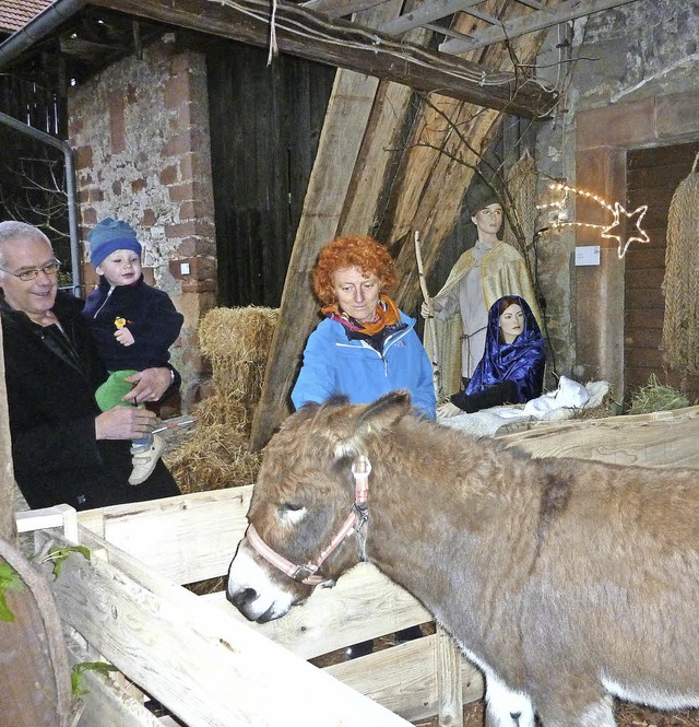 Die Krippe mit echten Tieren kam schon...elen Weihnachtsmarktbesuchern gut an.   | Foto: Karlernst Lauffer