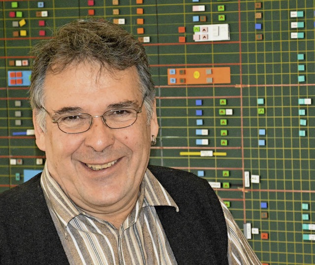 Bernhard Nopper vor der Stundenplantafel der Rheinschule   | Foto: Lauber