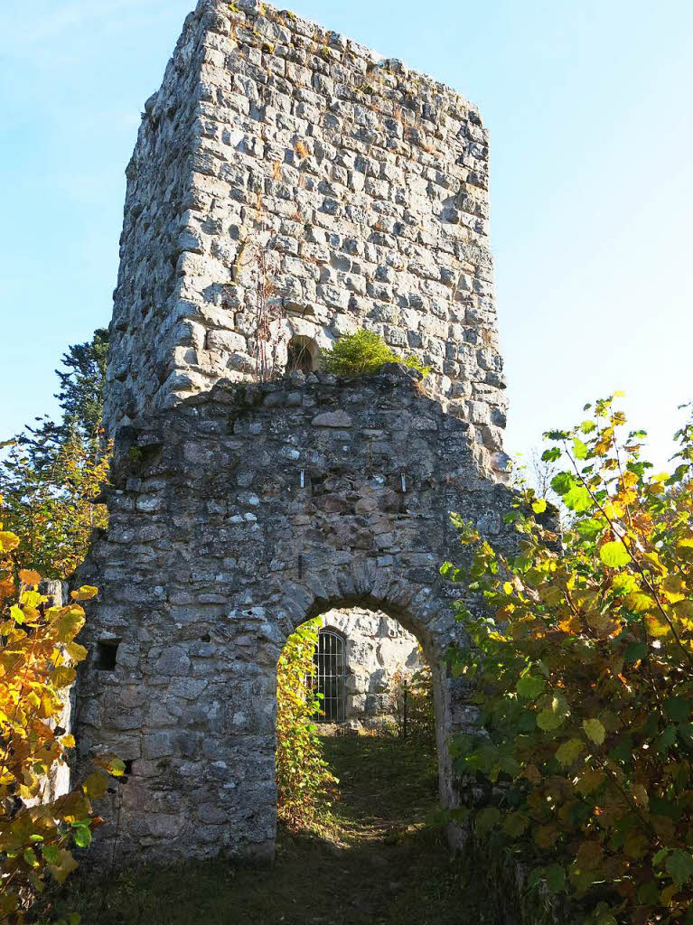 Hier ging’s zum Wohnbereich der „zu Grningen“. Heute noch gut erhalten sind Torbogen, Mauer und der mchtige Bergfried.