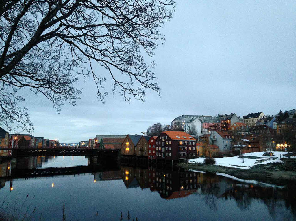 Stadt am Nidelva-Fluss: Blick auf Trondheim im Abendlicht 