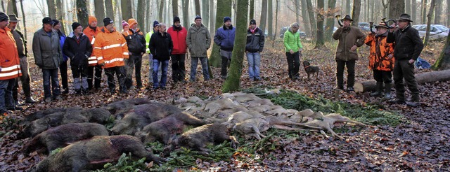 Mit dem Verblasen der Strecke ging ein erfolgreicher Jagdtag zu Ende.  | Foto: Cremer