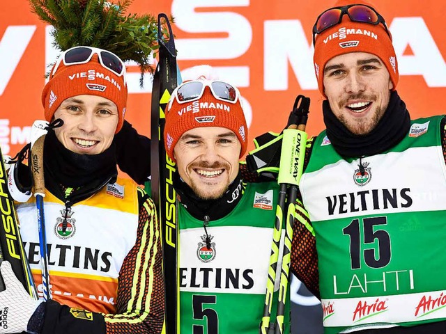 Von links: Eric Frenzel, Fabian Riele und Johannes Rydzek  | Foto: AFP