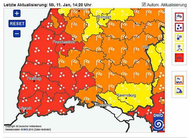 Die Unwetterwarnung des Deutschen Wett...tes fr den Kreis Lrrach (Screenshot)  | Foto: Deutscher Wetterdienst