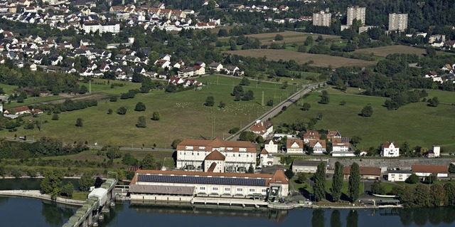 Das Wasserkraftwerk in Wyhlen aus der Vogelperspektive   | Foto: Energiedienst