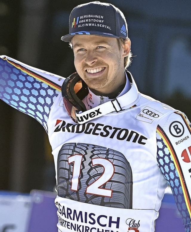 Stefan Luitz  jubelt  nach dem  Riesen...n Garmisch ber seinen dritten Platz.   | Foto: dpa
