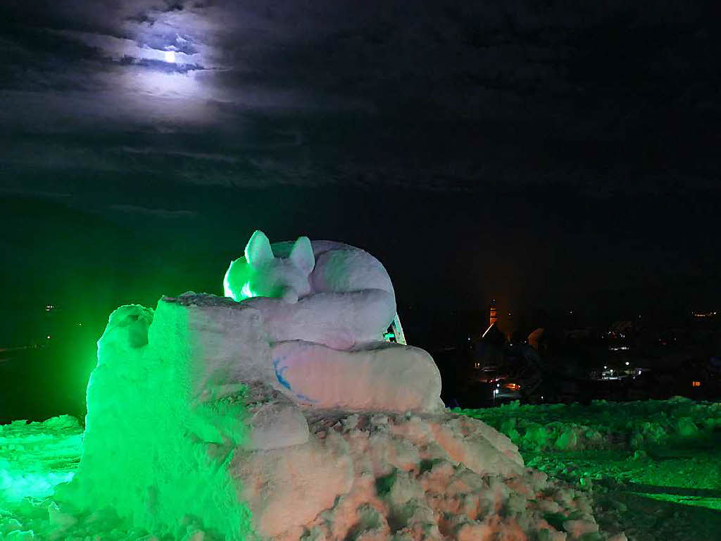 Nachts wurden die Schneeskulpturen in unterschiedlichen Farben beleuchtet.