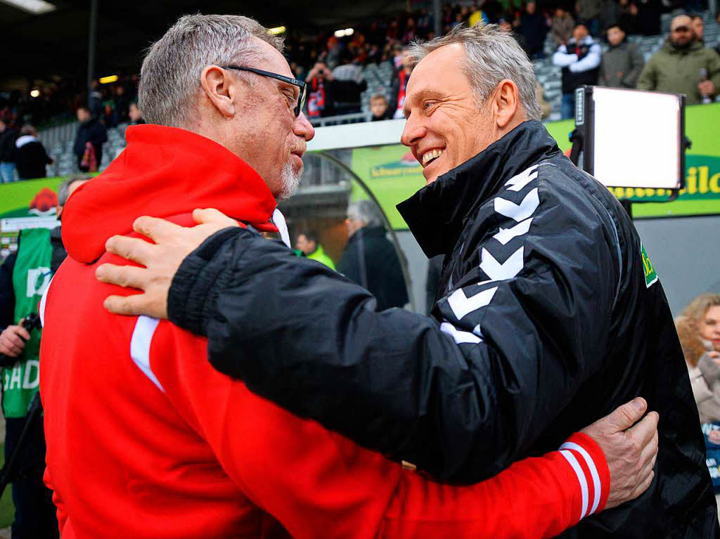 Man kennt sich, man schtzt sich: Die beiden dienstltesten Bundesligatrainer vor dem Spiel.
