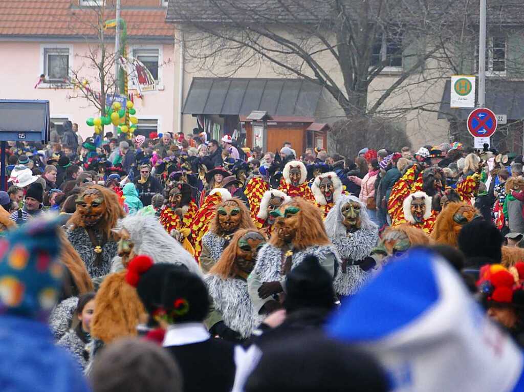 2400 Hstrger, Blaskappeln, Guggemusiken und Narrencliquen verwandelten Zarten beim Jubilum der Schlangenzunft in einen wahrhaftigen Hexenkessel.