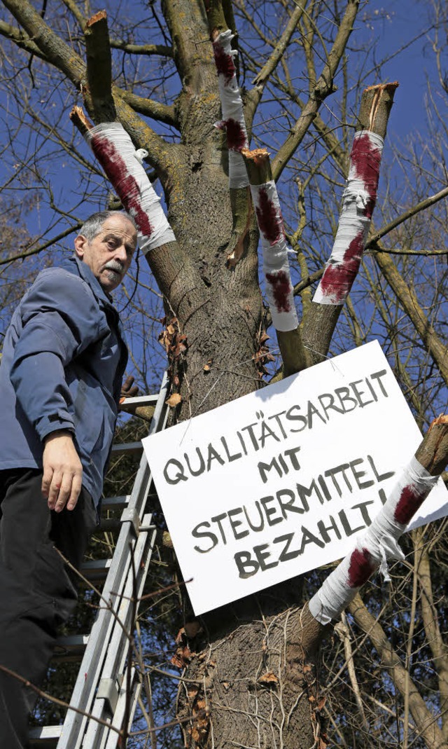 Der Knstler Kurt Hockenjos demonstrie...egen einen verunglckten Baumschnitt.   | Foto: C. Breithaupt