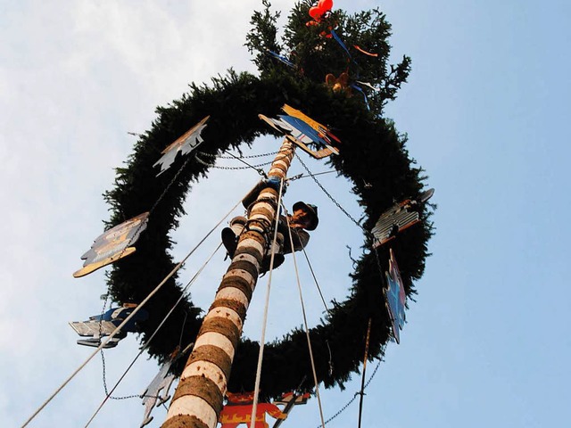 Zsolt Istenes bringt am Narrenbaum in ...it den Emblemen der Weiler Cliquen an.  | Foto: Norbert Sedlak