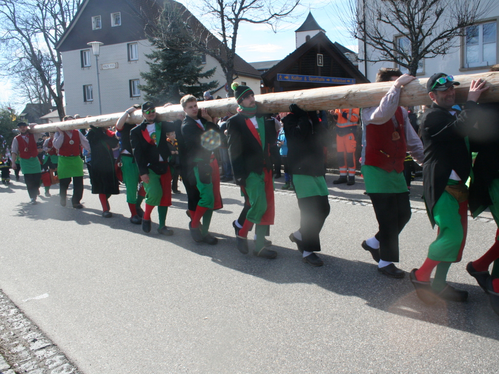 Breitnau: Auf starken Schultern tragen die Schlappenflicker und Guggenmusiker den 22 Meter langen Narrenbaum zum Rathaus.