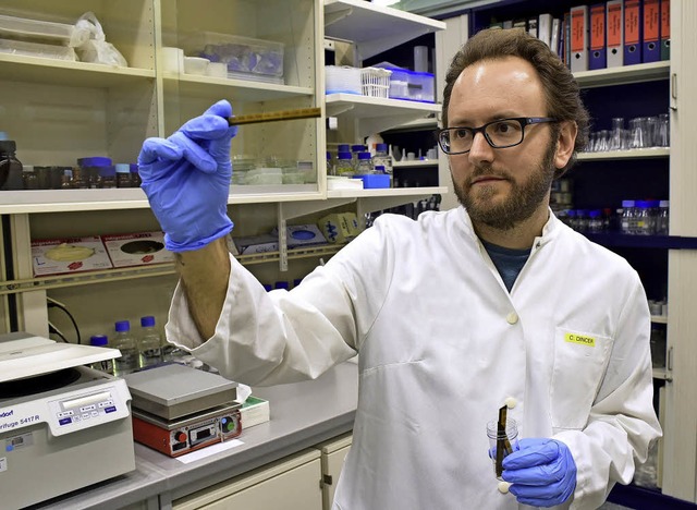 Can Dincer prft einen Streifen mit mikrofluidischen Bio-Sensoren.   | Foto: Thomas Kunz