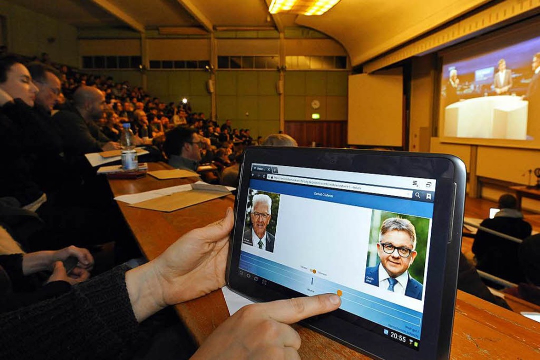 Das Debat-O-Meter im Test bei der TV-D...tschmann udn Guido Wolf im Januar 2014  | Foto: Thomas Kunz