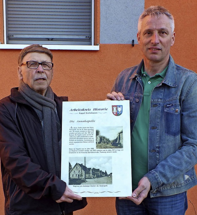 Walter Batt (links) und Rudi Rest vom ...r Informationstafel zur Anna-Kapelle.   | Foto: Privat