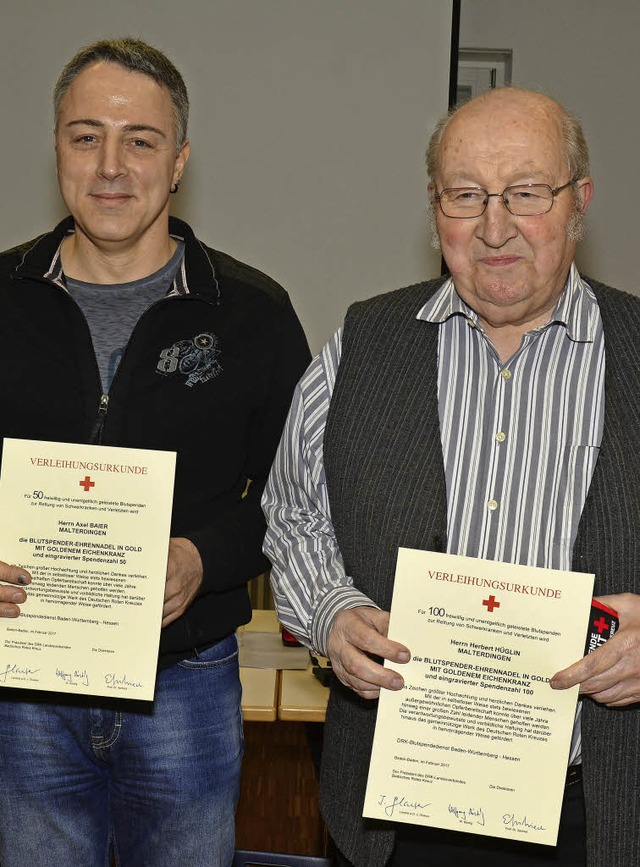 Axel Baier  (links)  wurde fr 50 Blut...Hglin, der 100  Blutspenden leistete.  | Foto: Erggelet