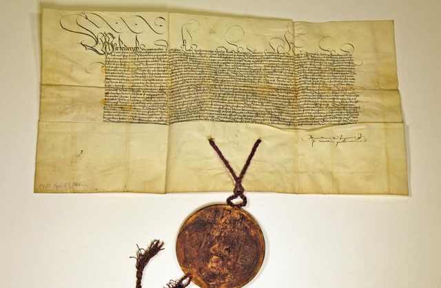 Verleihungsurkunde Kaiser Friedrichs III. fr die Ritter von Fleckenstein, 1480   | Foto: Landesarchiv Ba-W