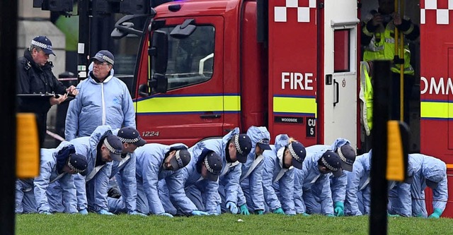 Polizisten suchen nach dem Terroranschlag eine Wiese nach Beweisen ab.  | Foto: AFP