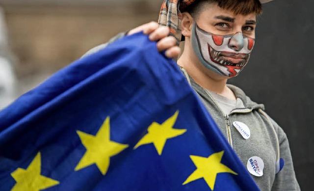 Ein EU-Liebhaber trauert mit der europ...e vor dem Londoner Parlamentsgebude.   | Foto: AFP