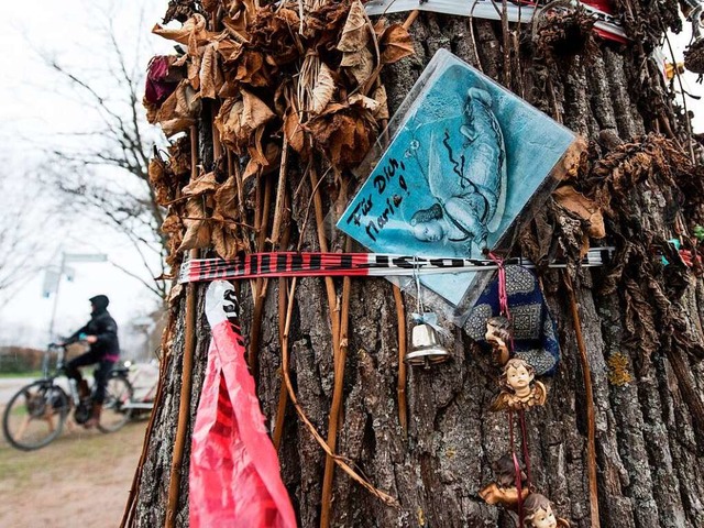 Noch hngen Blumen und Botschaften an einem Baum am Tatort an der Dreisam.  | Foto: dpa