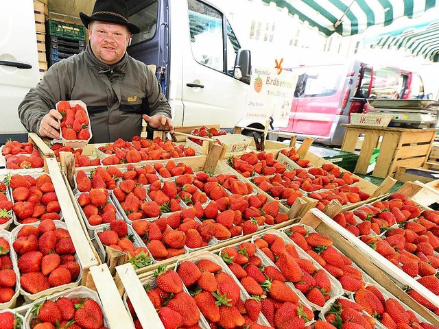 Bernhard Brderle mit Erdbeeren auf dem Freiburger Mnstermarkt  | Foto: Ingo Schneider