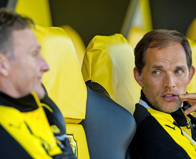 Zwei, die sich nicht mehr grn sind: G...Watzke (links), Trainer Thomas Tuchel   | Foto: DPA