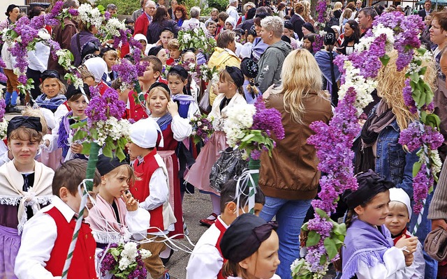 Ein buntes Bild bieten die Vreneli und Hanseli bei den Umzgen   | Foto: E. Steinfelder