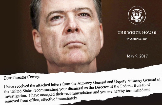 FBI-Chef James Comey und ein Auszug des Entlassungsschreiben Trumps   | Foto: Fotos: AFP, dpa/Montage: zel