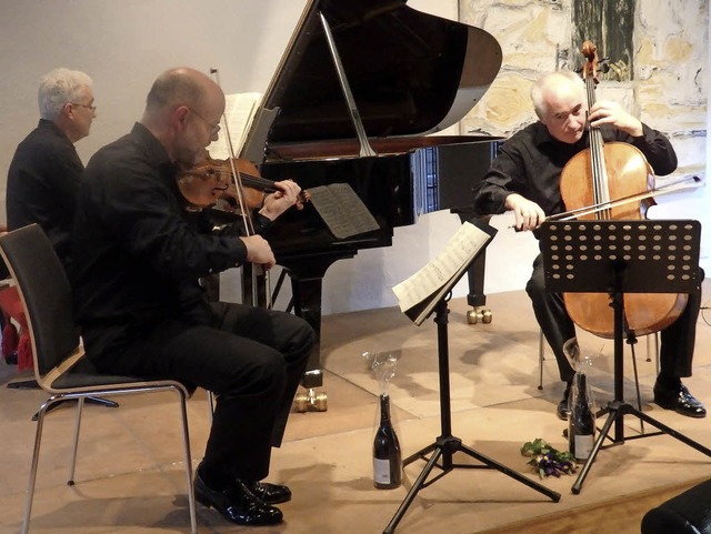 Begeisterten: Guido Heinke (Klavier), ...Violine) und Gustav Rivinius (Cello).   | Foto:  Bianca Flier