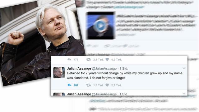 Assange uerte sich am Freitag via Tw...n der Botschaft von Ecuador in London.  | Foto: Fotos:dpa/twitter/Montage:BZ