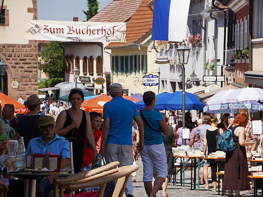 Bchermarkt in Endingen: In Hauptstrae, Dielenmarktstrae, Ritterstrae, auf dem Marktplatz und in Innenhfen gab es Bcher und mehr zu entdecken. Allerdings bremste die zunehmende Hitze den Drang zum Bummeln.