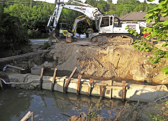 Der niedrige Wasserstand kommt den gegenwrtigen  Brckenbauarbeiten entgegen.   | Foto: Dorothee Philipp