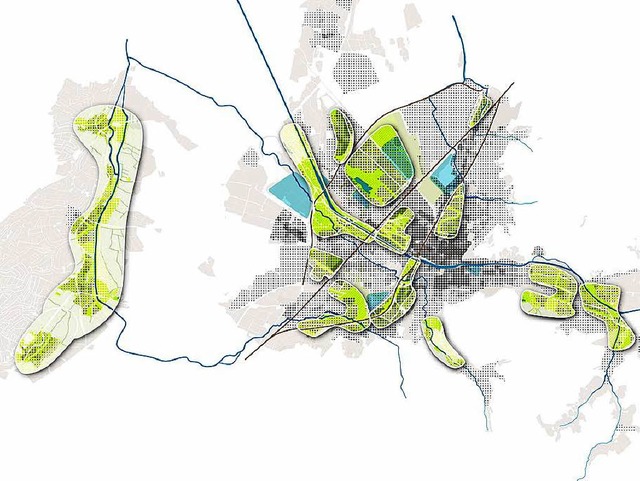 In den farbigen Flchen liegen die Entwicklungsbereiche fr Freiburg.   | Foto:  Stadt Freiburg