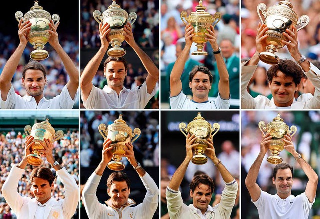 Acht Finalsiege in Wimbledon: Federer ...2005, 2006, 2007, 2009, 2012 und 2017.  | Foto: AFP
