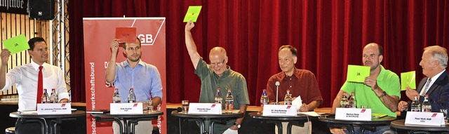 Nur mit Ja oder Nein durften die Kandi...s 90/Die Grnen) und Peter Wei (CDU).  | Foto: Benedikt Sommer