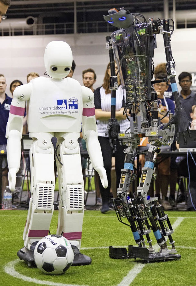 Sweaty (rechts) war der einzige Robote... WLAN-Empfang den Offenburger Kicker.   | Foto: Hochschule OG