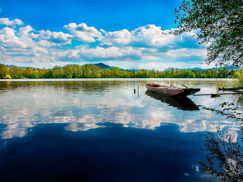 Landschaft:   Das Bild zeigt den Blick vom Fischweiher auf den Altrhein in Wyhlen im April 2014, im Vordergrund ein Fischerboot und im Hintergrund das Inseli. Fotografiert von Gerd Grndl aus Wyhlen