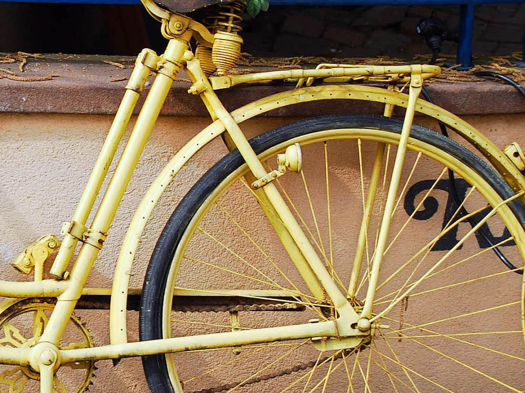 Susanne Mayer: Das gelbe Fahrrad haben wir bei einer Wanderung im Elsass entdeckt.