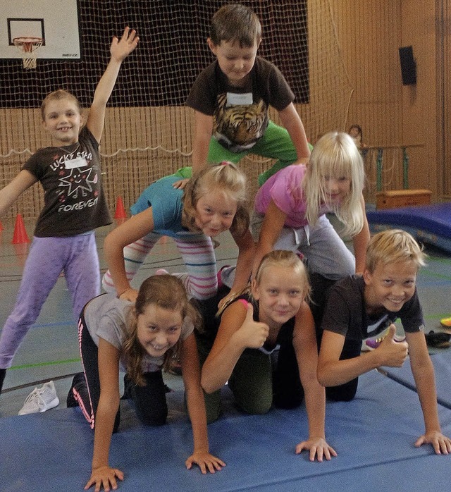 Ferienprogramm in Mahlberg: Kinder ero...anderem eine Stadtmusikanten-Pyramide.  | Foto: Michael Masson