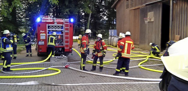 Am Anwesen Bchelin zwischen Holzen un...ten die  Feuerwehrleute den Ernstfall.  | Foto: Feuerwehr Kandern
