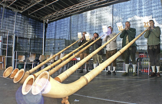 Fnf  von mehr als  120 Alphornblsern bei der Arbeit   | Foto: Hans-Jochen Kpper