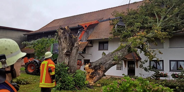 Eine heftige Sturmbe fllte eine Lind...eschdigte das Dach eines Wohnhauses.   | Foto: Feuerwehr