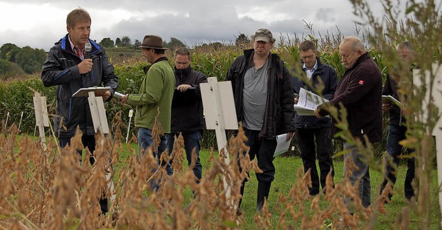 Pflanzenschutzberater Volker Heitz (links) beim  Rundgang  in Mahlberg.   | Foto: Spth/DPA