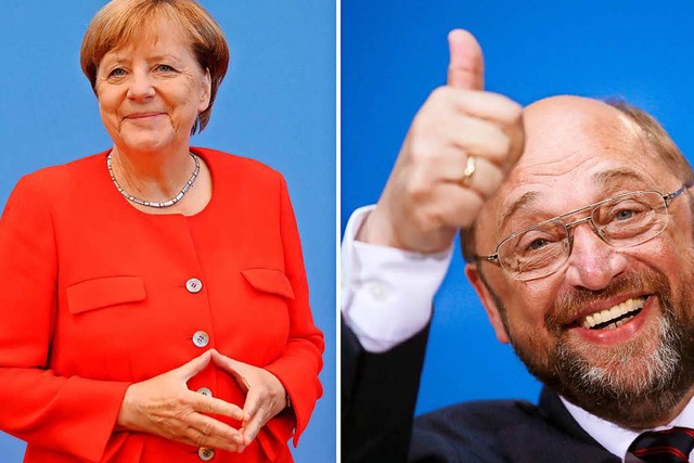 Besuchen Freiburg: Die Kanzlerkandidat...a Merkel (CDU) und Martin Schulz (SPD)  | Foto: dpa