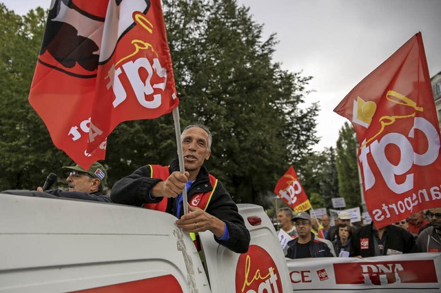 Die  Gewerkschaft CGT protestiert in M...itsrechtsreform der Regierung Macron.   | Foto: CGT