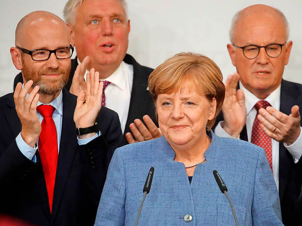 Angela Merkel in Berlin. V.l.: CDU-Generalsekretr, Peter Tauber, Karl-Josef Laumann und  Unions-Fraktionsvorsitzender Volker Kauder.